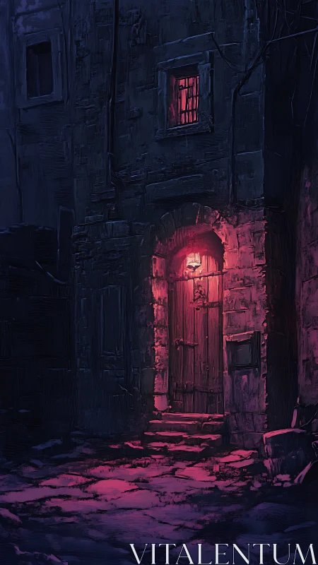 Midnight alleyway hums beneath a single crimson door