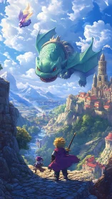 Adventurers confront flying dragon over bright valley city.