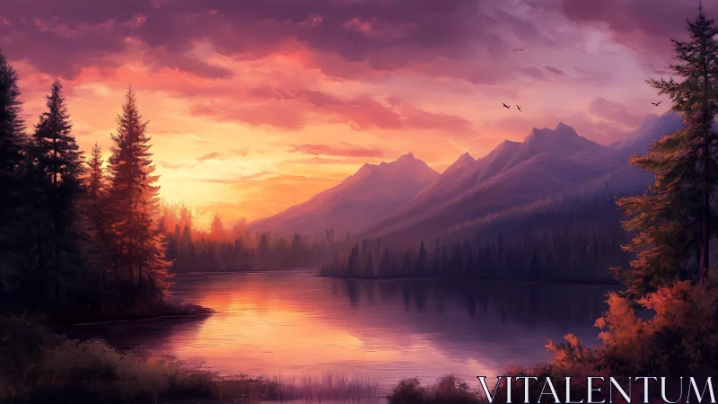 Sunset light reflects across mountain lake and forest edge