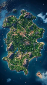 Lush Tropical Island Aerial Landscape with Surrounding Ocean.
