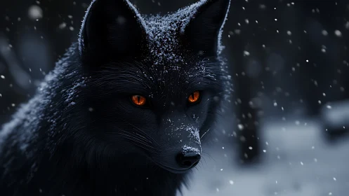 Snowlit black fox with glowing amber eyes in winter hush.
