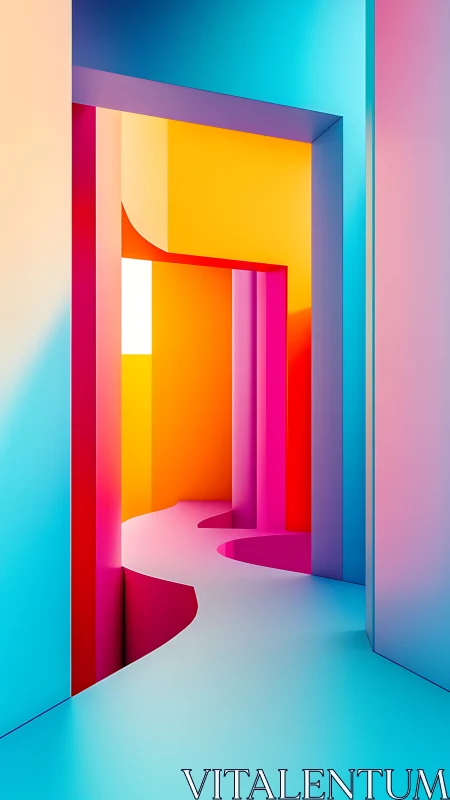 Chromatic corridor curves through vivid geometric light.