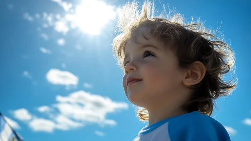 Child gazing skyward bathed in golden sunlight.