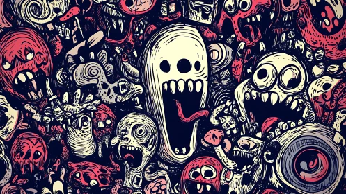 Dense horror doodle swarm depicts chaotic screaming monsters