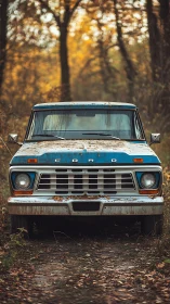Rusty blue pickup truck rests quietly in an autumn forest