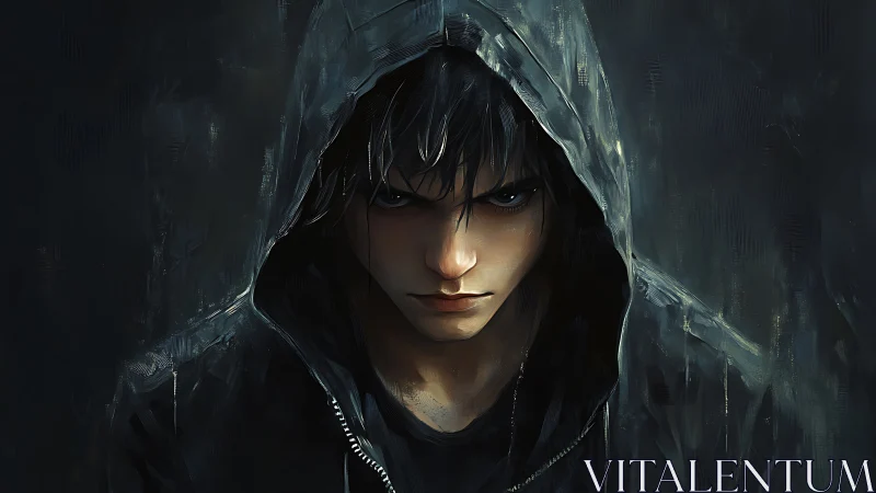 Hooded male figure in low light with central frontal view.