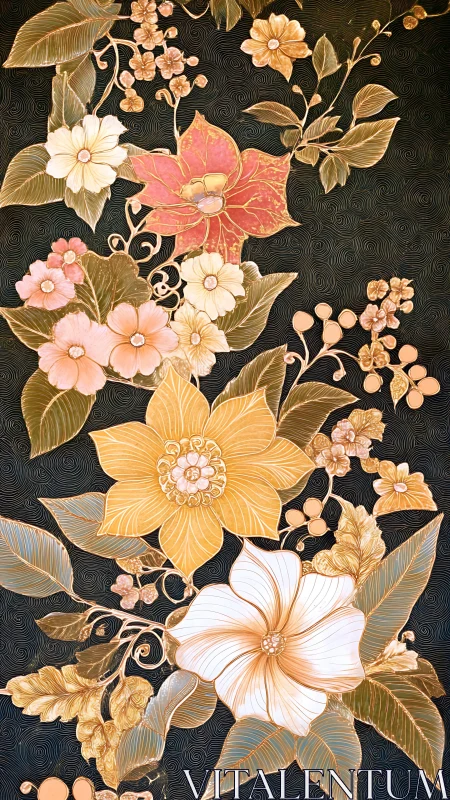 Golden floral vines glow gently against a dark swirling sky