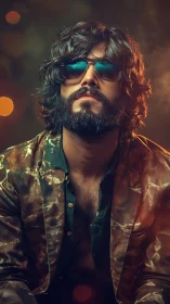 Photorealistic portrait of bearded man in cinematic bokeh lighting.