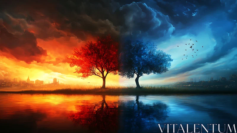 Dual colored trees divide fiery sunset and cool night sky.