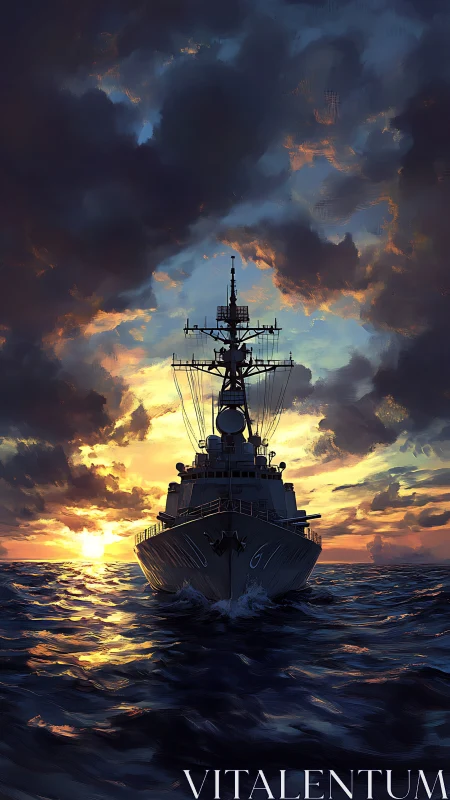Sunset-lit naval ship cuts calmly across a glowing sea