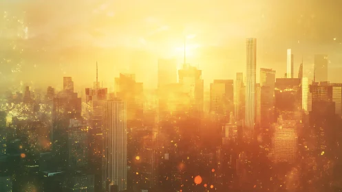 Volumetric sunlit megacity skyline in atmospheric haze field.