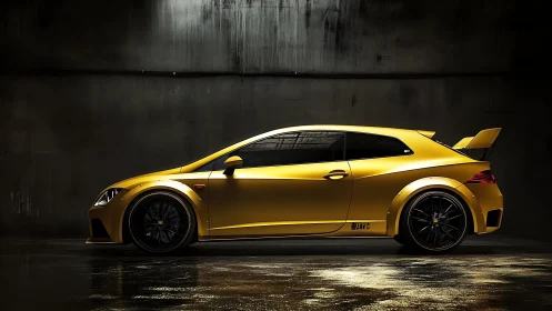 Gold widebody hatchback with aero kit in cinematic side profile