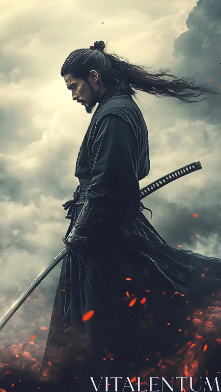 Samurai warrior profile amid smoke and drifting embers.