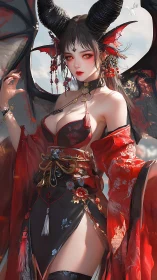 Demonic winged enchantress stands in ornate crimson silk