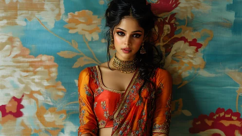 Radiant woman in orange sari glows against floral backdrop