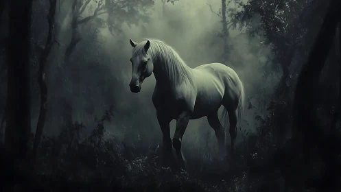 White horse stands in misty forest under moody light.