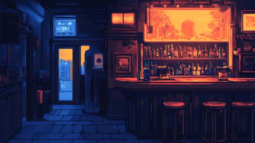 Cinematic neon bar interior uses high-contrast blue orange palette