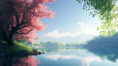 Digital painting of tranquil lakeside cherry blossoms at dawn.