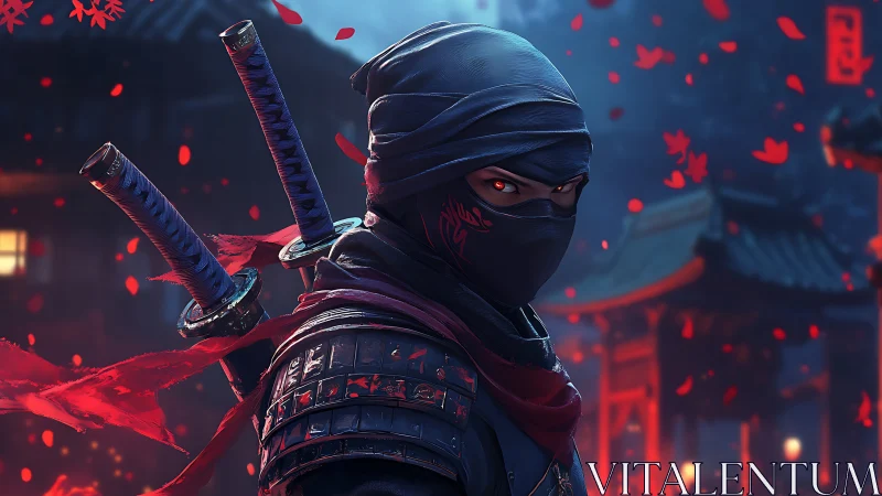 Masked ninja warrior in crimson-lit temple courtyard at night.