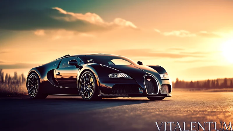 Black sports coupe is parked on open asphalt at sunset