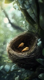 Photorealistic arboreal nest with juvenile passerines rendered.