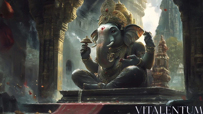 Majestic Ganesha deity seated in ornate mist-laden temple courtyard