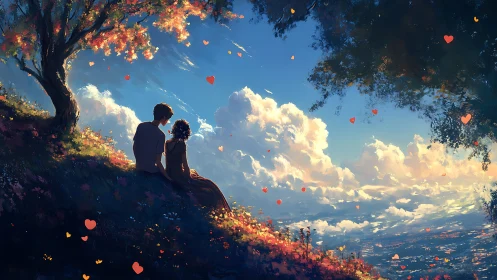 Two souls ascend beneath floating hearts and golden clouds.