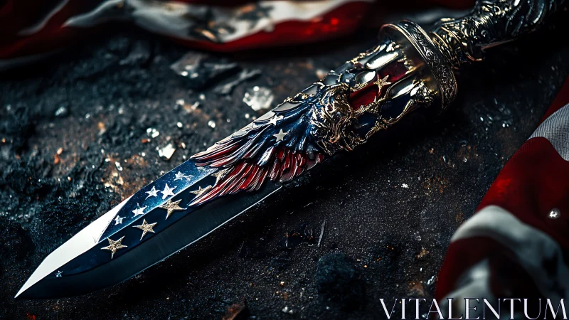 Patriotic dagger resting among weathered flag folds.