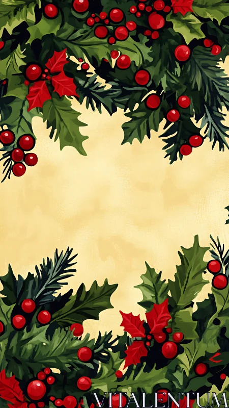 Vertical holly wreath border with red berries on parchment field