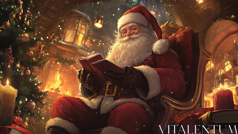Santa Claus reads a book beside a lit fireplace and tree