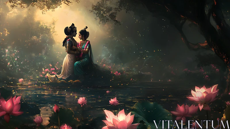 Krishna and Radha in Enchanted Lotus Garden.