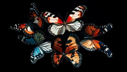 Colorful butterflies arranged on black background.
