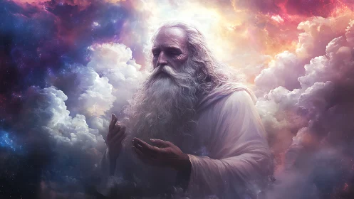 Cosmic elder emerging from volumetric nebular cloudfields.