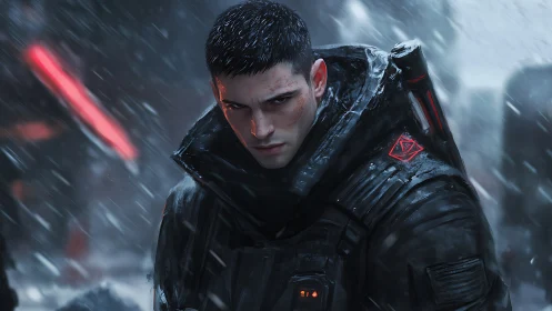 Cybernetic soldier in blizzard with neon backlight gaze.