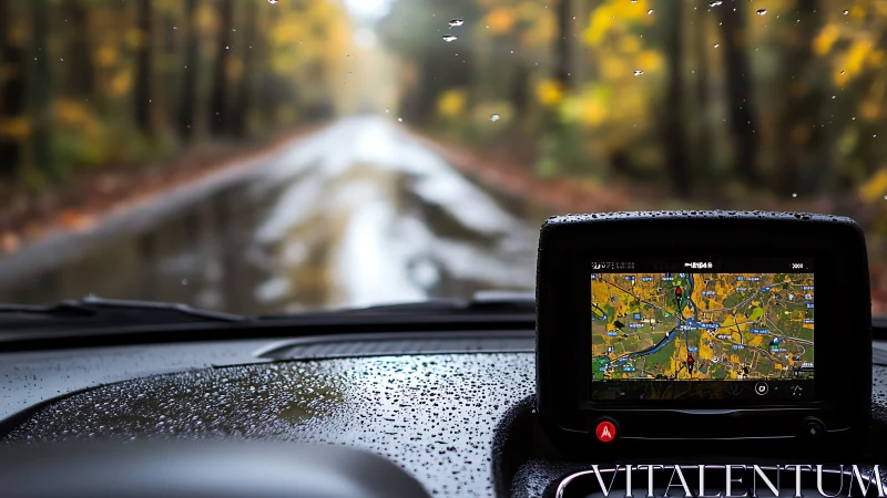 Rainy forest drive invites calm focus and guided navigation