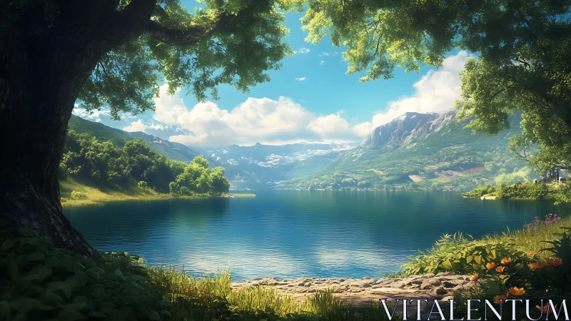 Lakeside mountain panorama framed by lush summer trees.