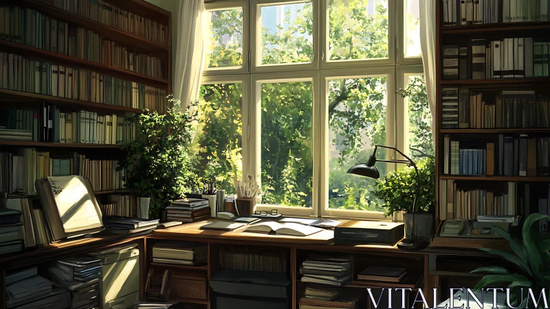 Sunlit study workspace shows bookshelves, desk, and window