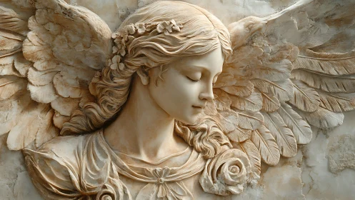 Bas-relief angelic portrait with detailed feathered wings.