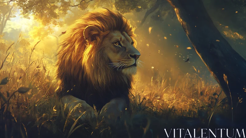 Golden sunlight rests gently on a calm, watchful lion