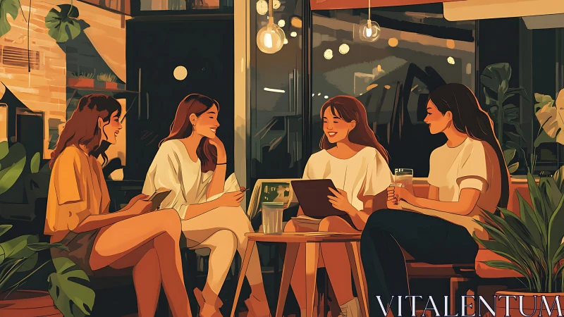 Four Women Socializing in Cozy Modern Cafe, Digital Art Style.