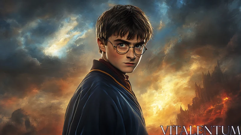 Young wizard stands against fiery storm over dark citadel.