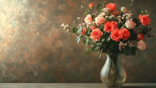 Still Life Floral Arrangement: Coral Roses and White Accents in Glass Vessel.