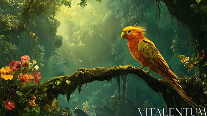 Golden parrot rests in luminous enchanted jungle glade.