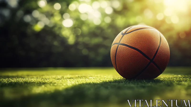 Sunlit basketball resting on vivid green field at dusk.