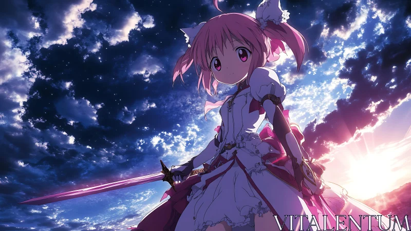 Pink haired anime girl holding sword under dramatic sky.