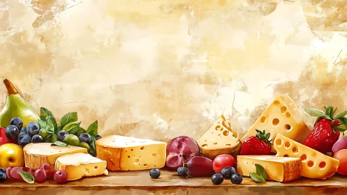 Cheese and berry still life under textured ochre backdrop.
