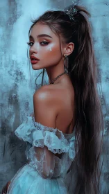 Iridescent portrait of ethereal girl in icy blue gown.