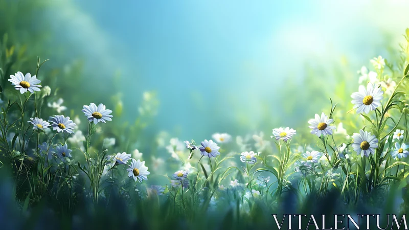 Field of White Daisies Under Clear Blue Sky.