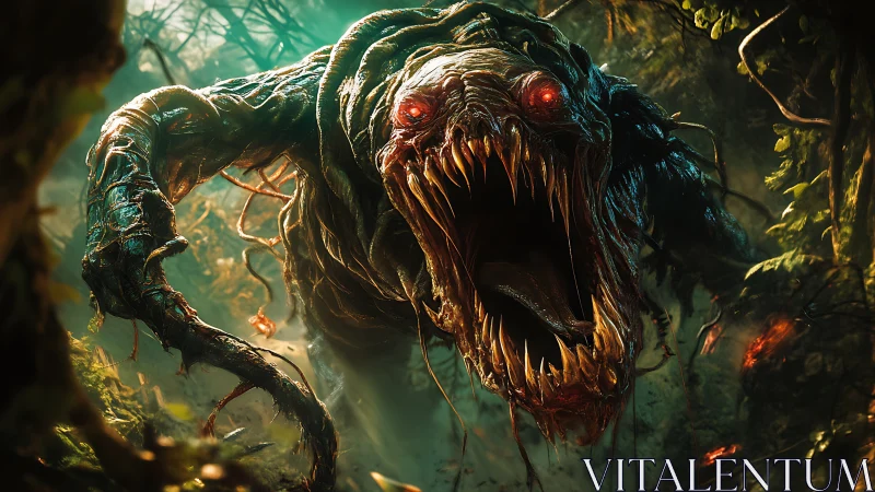 Predatory vine-beast lunges forward with bioluminescent eyes and teeth