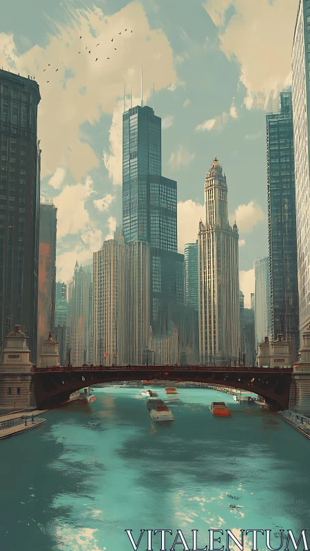 Sunlit river canyon beneath towering teal skyscrapers.
